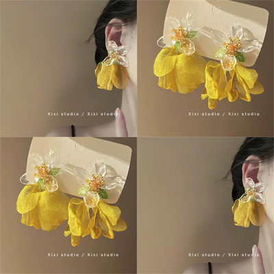 被花宠爱！黄色花瓣耳环！氛围感法式耳钉夸张出游耳饰品盘发器女