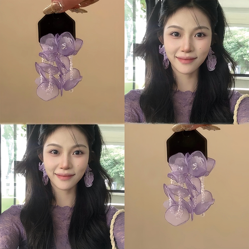 迷离耳语_氛围感绝美紫色花朵耳环长款串珠流苏耳钉度假风盘发器 - 封面