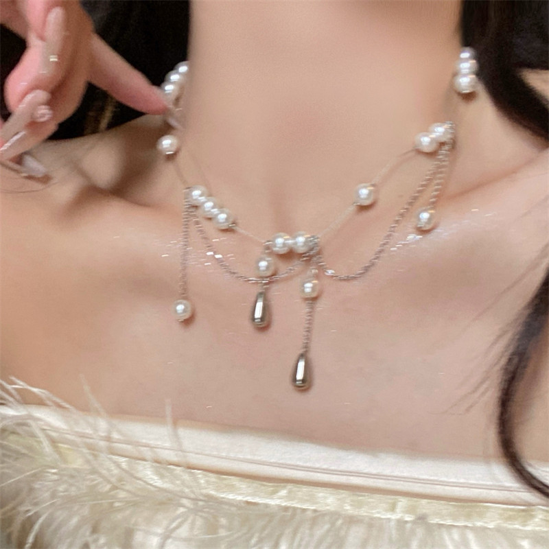夸张水滴珠珠流苏项链女小众设计轻奢气质法式锁骨链配饰女配裙子