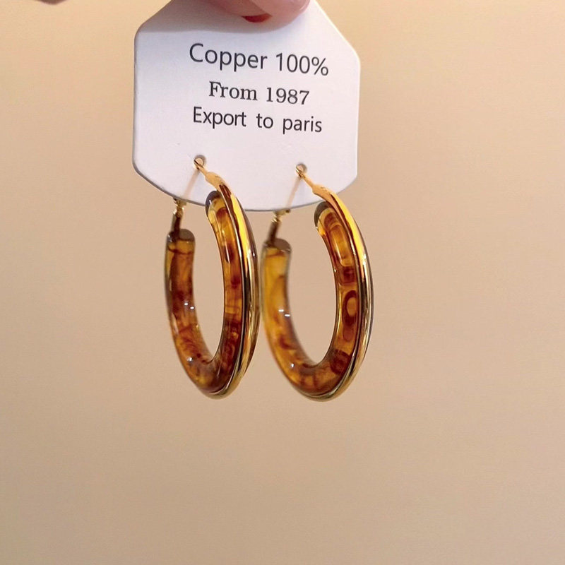 银芭桑「时光年轮」豹纹琥珀色大耳圈港风复古个性树脂圈圈耳环
