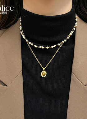 双层虎眼石串珠项链女新款轻奢小众锁骨链气质毛衣链大气高档颈链