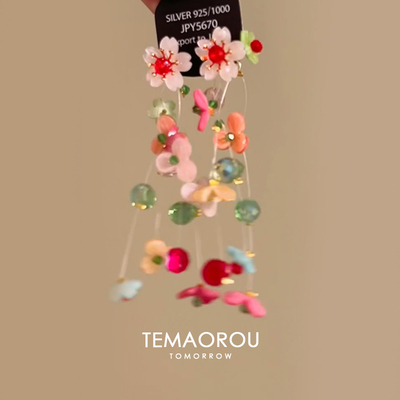 适合夏天的耳饰夸张鱼线悬浮彩色花朵串珠吊坠耳环女拍照出片耳饰