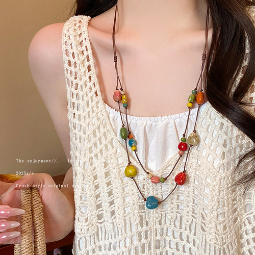 彩色长款陶瓷毛衣链女多巴胺穿搭双层叠戴项链海边配裙子装饰配饰