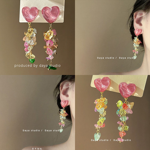 蜜桃泡泡 波光爱心彩色水晶流苏耳环轻奢高级感小众设计仙气质ins