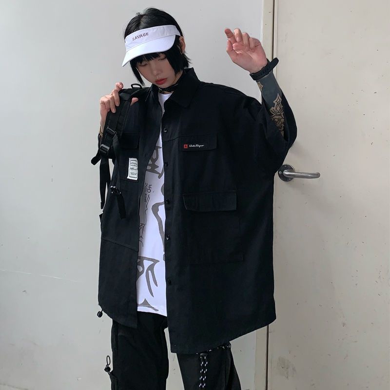 夏季黑色工装短袖衬衫女学生宽松