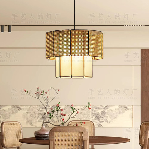 日式侘寂风餐厅民宿包厢藤艺吊灯