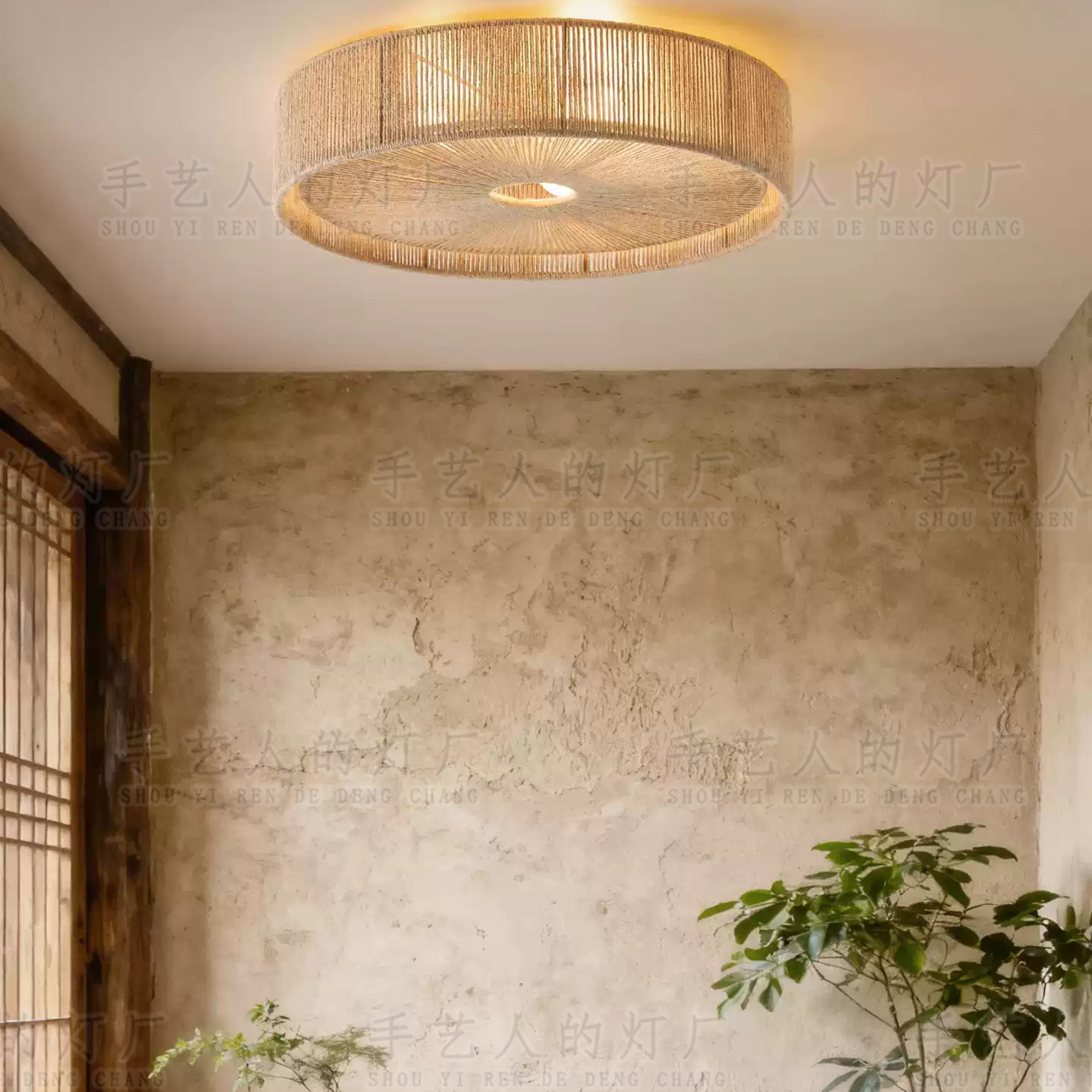 日式侘寂风麻绳吸顶灯复古设计师民宿餐厅卧室书房手工编织装饰灯