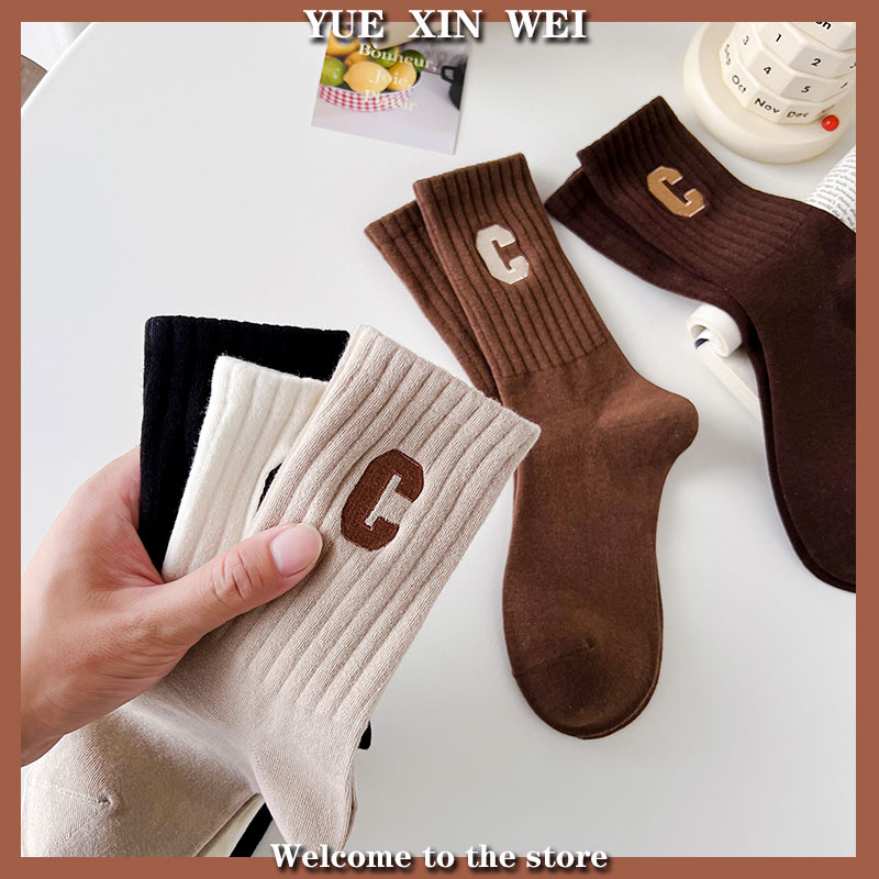 袜子女中筒ins潮大C字母立体刺绣