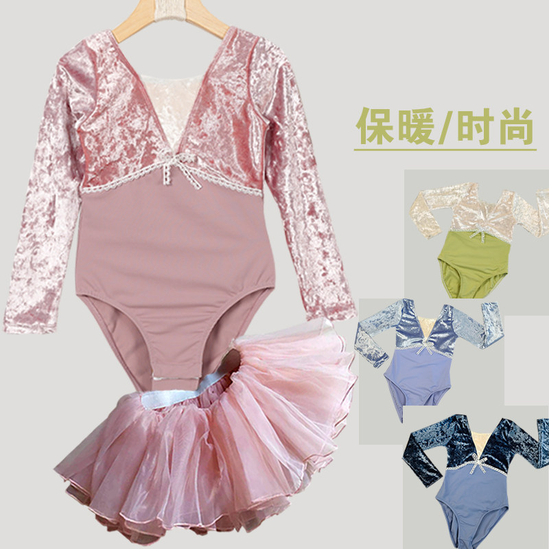 新款女童舞蹈练功服金钻绒长袖短袖加厚蝴蝶结公主连体裙民舞考级