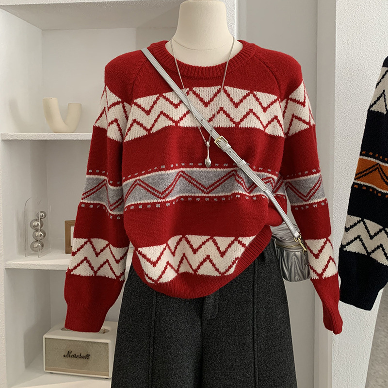 2025简约韩系复古提花针织衫圆领宽松长袖套头毛衣秋冬女