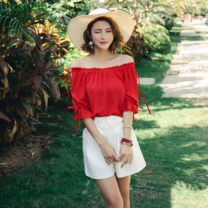 海边度假女夏一字肩露背性感外穿上衣女度假娃娃衫红色t恤雪纺衫