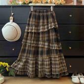 不规则格子拼接蛋糕半身裙2025秋季 松紧腰洋气A字显瘦中长裙 新款