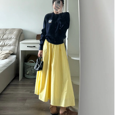 甜美气质黄色半身裙女夏秋季新款高腰A字伞裙梨形身材显瘦长裙子
