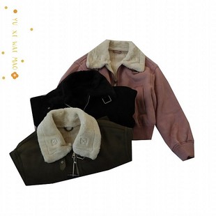 夹克 时尚 皮毛一体短款 保暖拉链外套Y1 女士翻领落肩长袖 秋冬新款