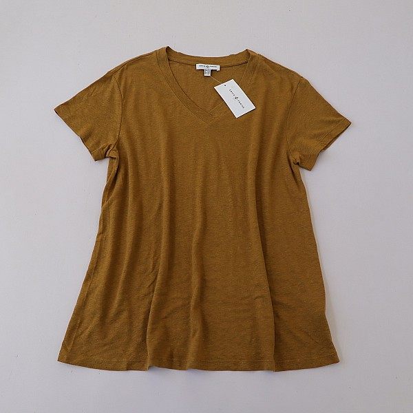 夏季新款欧美女士V领大小麻混纺薄款t恤&nbsp; 简约纯色中长套头衫A14