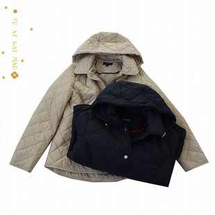 单排扣菱格保暖棉服D11 轻薄棉衣 冬季 新欧美女士纯色可脱卸帽长袖