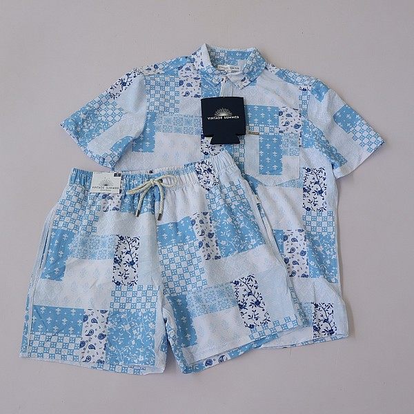 春夏男印花翻领短袖单排扣休闲家居套装 松紧腰短裤Y3