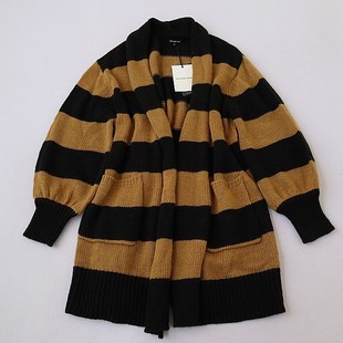 外套A13 简约休闲宽松中长开衫 春秋女士条纹长袖 毛衣开衫