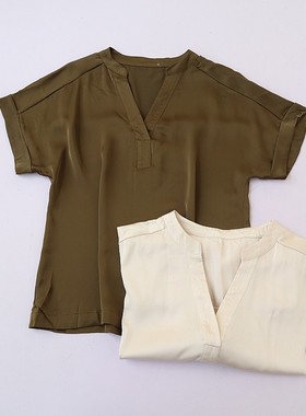 夏季新款欧美女士V领蝙蝠短袖垂感质感衬衫  宽松纯色套头衫C0C