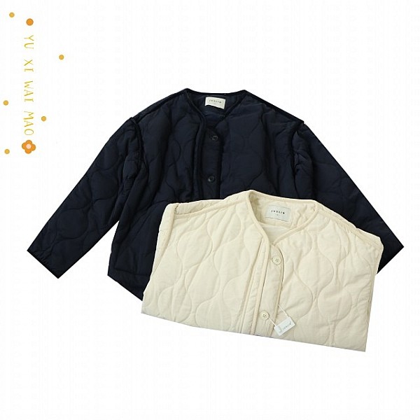 纯色圆领长袖轻薄棉服单排扣外套