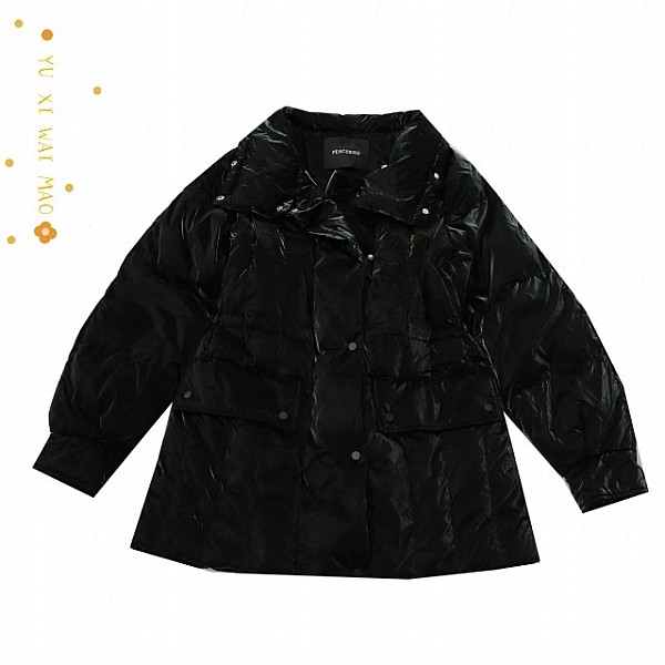 立领亮面时尚插肩长袖羽绒服中长