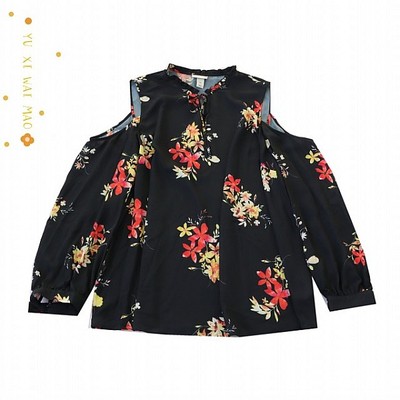 圆领露肩长袖时尚印花衬衫