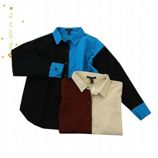 休闲单排扣开衫 衬衫 外套A1 男女中性翻领落肩拼色长袖 春秋新款