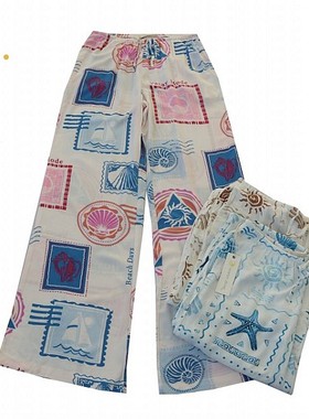 春夏新欧美女松紧腰松紧腰系带薄款印花直筒家居裤 中高腰长裤A13