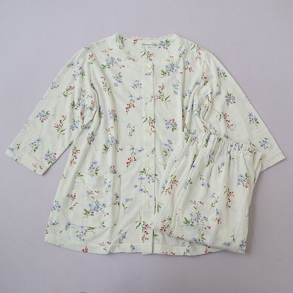 夏季新日单女蕾丝边领七分袖印花单排扣家居套装 松紧腰七分裤D12,女士内衣/男士内衣/家居服,睡衣/家居服套装,淘宝优惠券,粉丝福利购,淘宝优惠卷