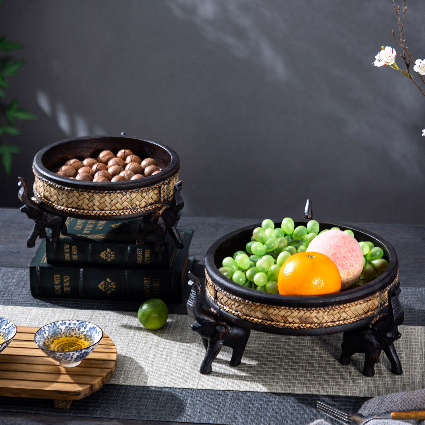 东南亚风美容院实木大象竹编水果盘干果零食盘创意客厅茶几收纳盘