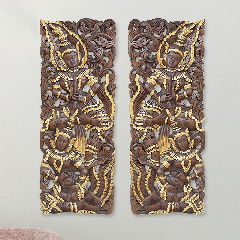 泰国木雕隔断玄关背景墙做旧风格圆形实木客厅壁挂装饰舞女雕花板