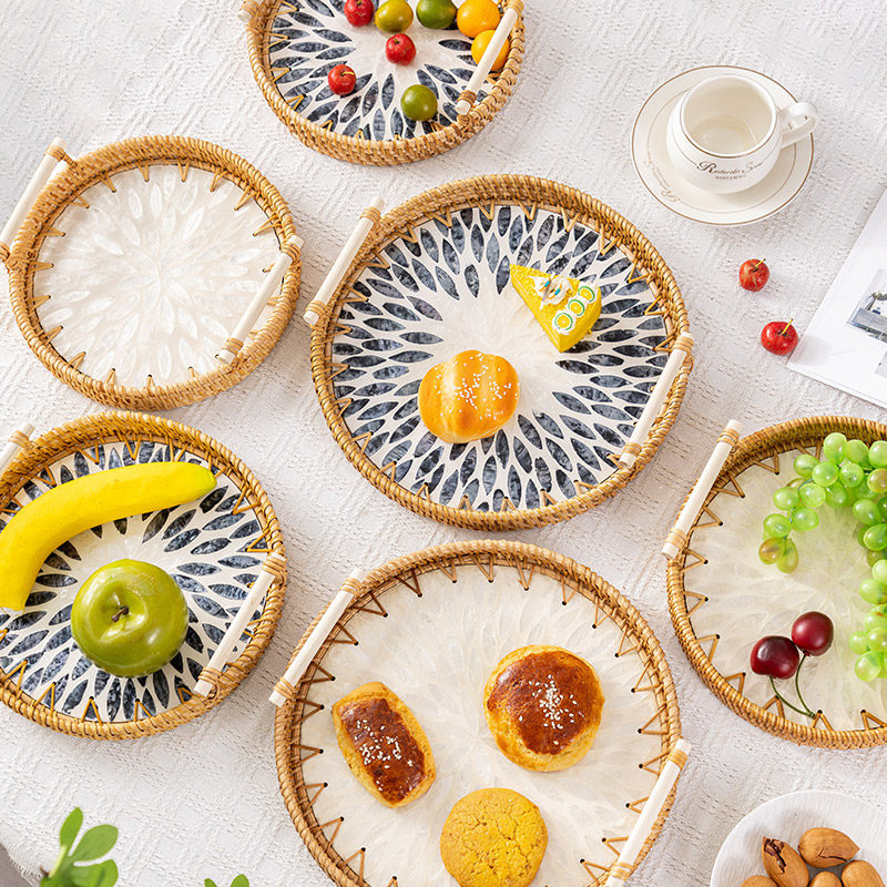 东南亚风藤编贝壳托盘提手双耳圆盘美食茶杯茶壶茶盘酒店民宿收纳,餐饮具,餐用托盘,淘宝优惠券,粉丝福利购,淘宝优惠卷