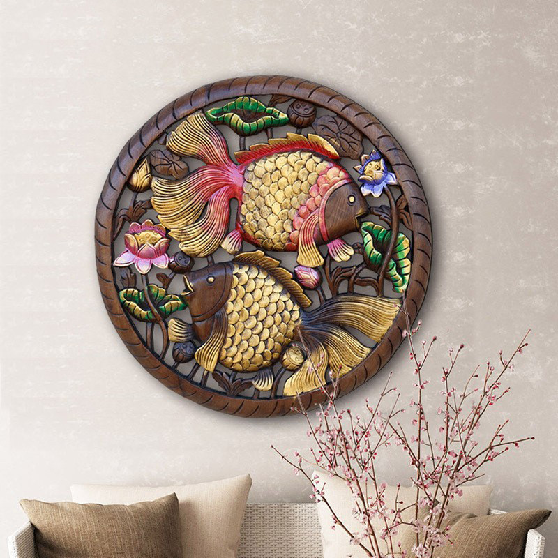 美容院装修壁挂泰国柚木雕东南亚莲花金鱼镂空雕花板圆形木雕墙饰