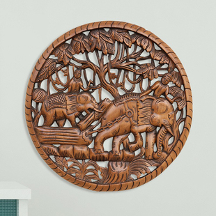 木制大象雕花板背景墙壁挂件玄关装饰画过道酒店会所样板房挂板