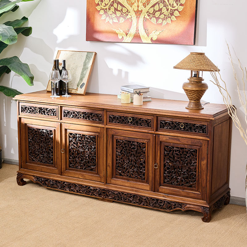 泰国复古餐边柜实木雕花玄关隔断柜置物柜靠墙新中式四门收纳柜子