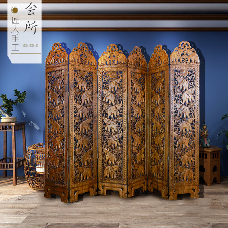 泰国柚木大象手工雕花六扇双面屏风东南亚特色工艺品家庭办公隔断