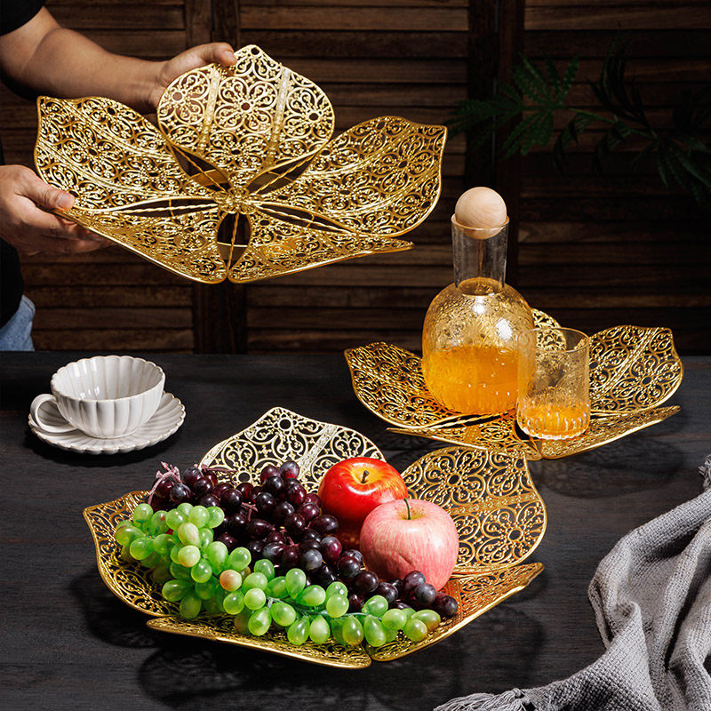 莱骏东南亚铁艺水果盘复古风会所家用金属镂空花卉干果装饰收纳盘