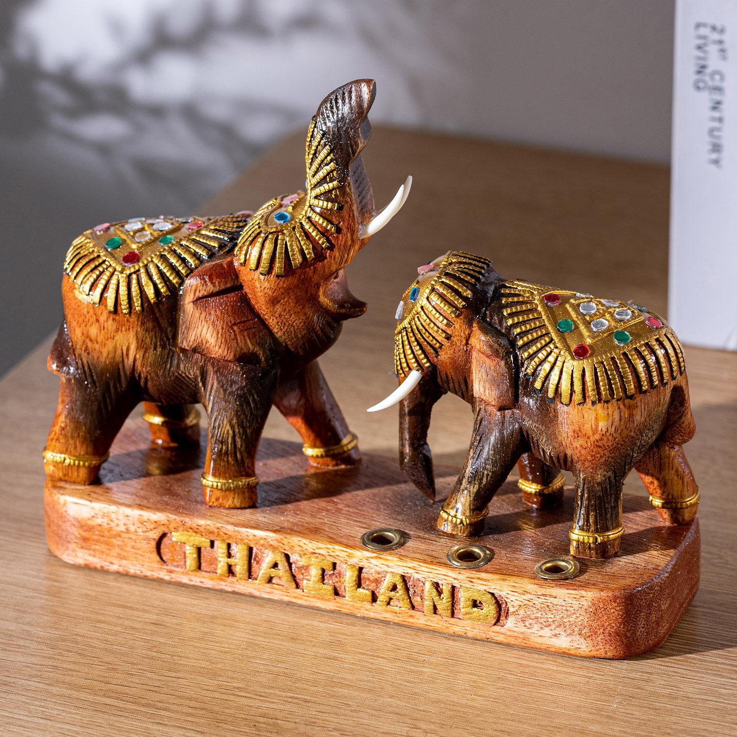 东南亚风实木金箔大象笔筒插桌面装饰摆件客厅办公室书桌创意摆设