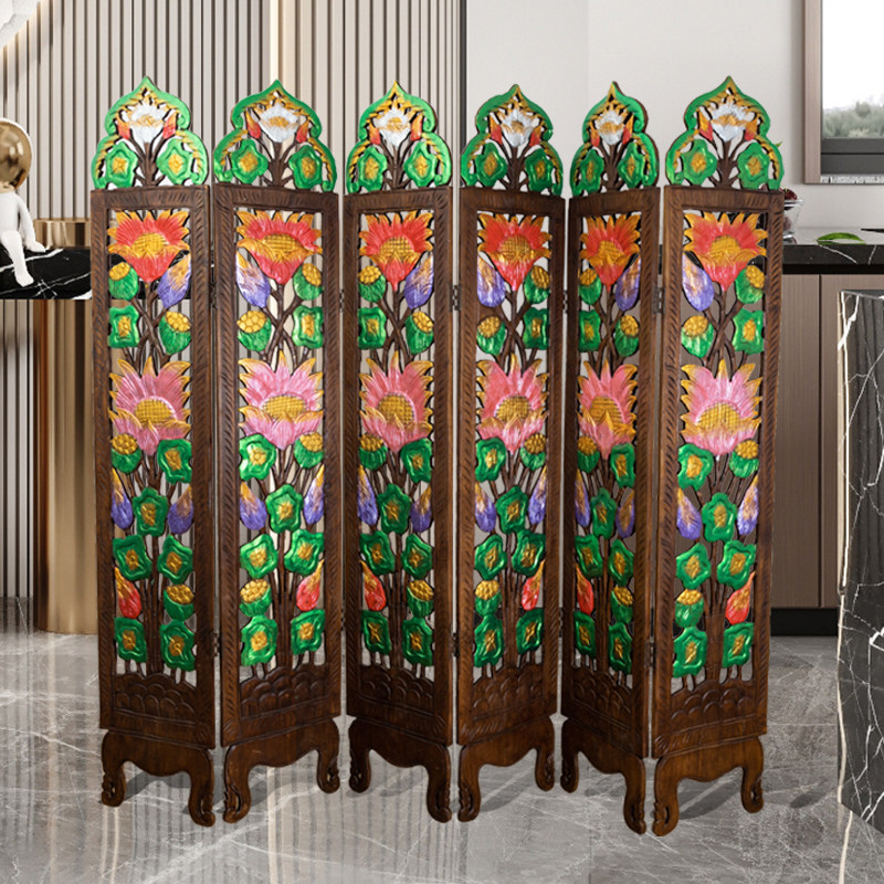 莲荷花玄关实木泰式屏风隔断客厅折叠屏进门遮挡复古手工雕刻装饰
