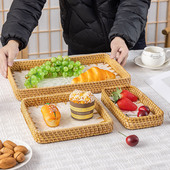 越南藤竹编织托盘贝壳长方形水果盘早餐篮日式 面包筐点心创意篮子