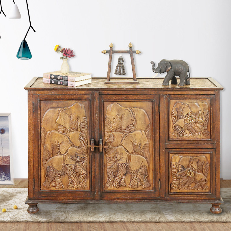 东南亚实木家具雕花玄关柜泰国木质装饰门厅客厅隔断储物柜做旧