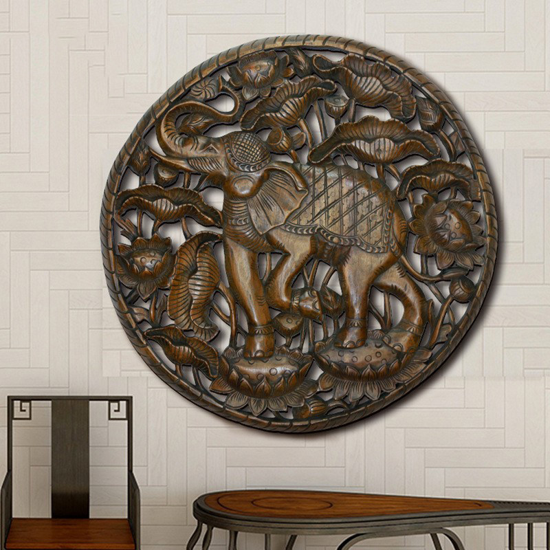 泰国柚木大象雕花板客厅沙发电视背景墙挂饰门厅实木装饰入户壁挂