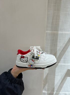 2026春韩版童鞋潮牌JBM中大男女童魔术贴KT猫白色牛皮运动鞋板鞋
