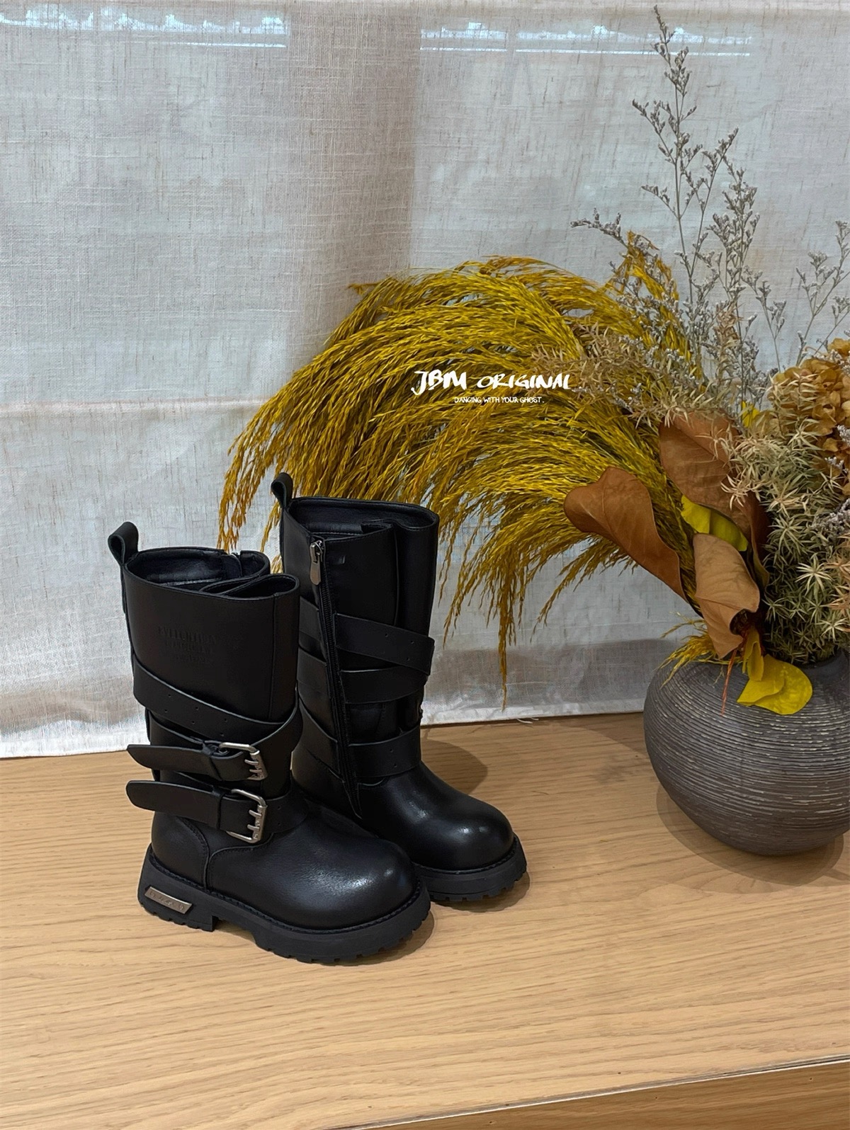 2025秋冬新款韩版童鞋潮牌JBM中大男女童牛皮高筒马丁靴机车皮靴