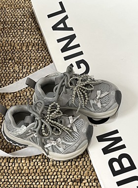 2026春款韩版童鞋潮牌JBM中大女童蝴蝶结网面透气轻便运动老爹鞋