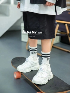 春秋新款韩版货儿童潮牌音贝中大男女童白色旋转按钮跑步运动鞋