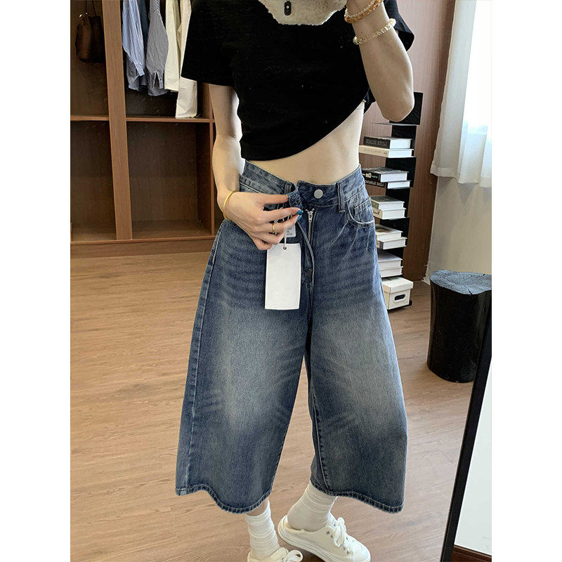 复古阔腿七分牛仔裤女夏季新款宽松大码胖mm显瘦梨型身材直筒马裤