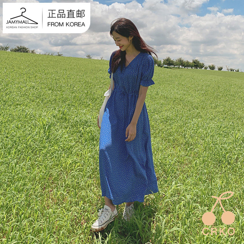 韩国直邮cherrykoko森系长款休闲蓝色碎花连衣裙女收腰显瘦气质
