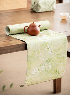 形相绿色兰花茶席织锦防水新中式禅意桌旗茶几干泡台垫子兰香桌旗