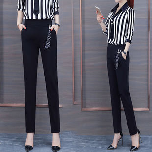 女春夏季 休闲哈伦裤 新款 高腰弹力铅笔女裤 子 2023韩版 黑色小脚裤